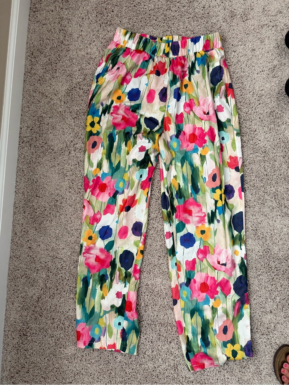 Vibrant Floral Elastic-Waist Pants - Multicolor